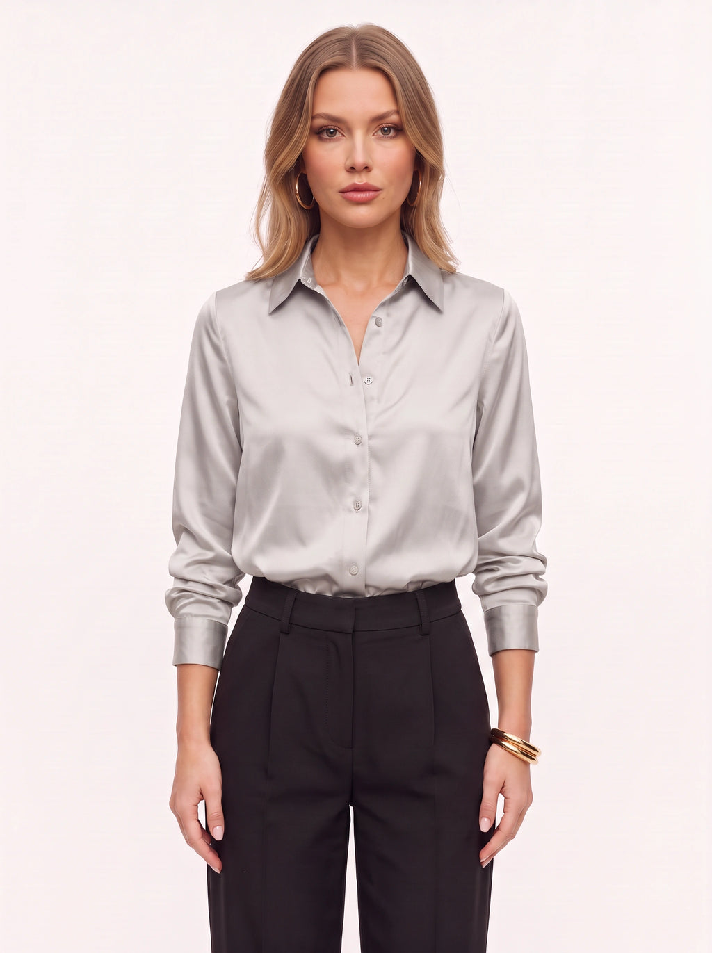 Poyntra Classic Collar Shirt – Satin Blouse Women Office Work Formal Elegant Long Sleeve Shirt