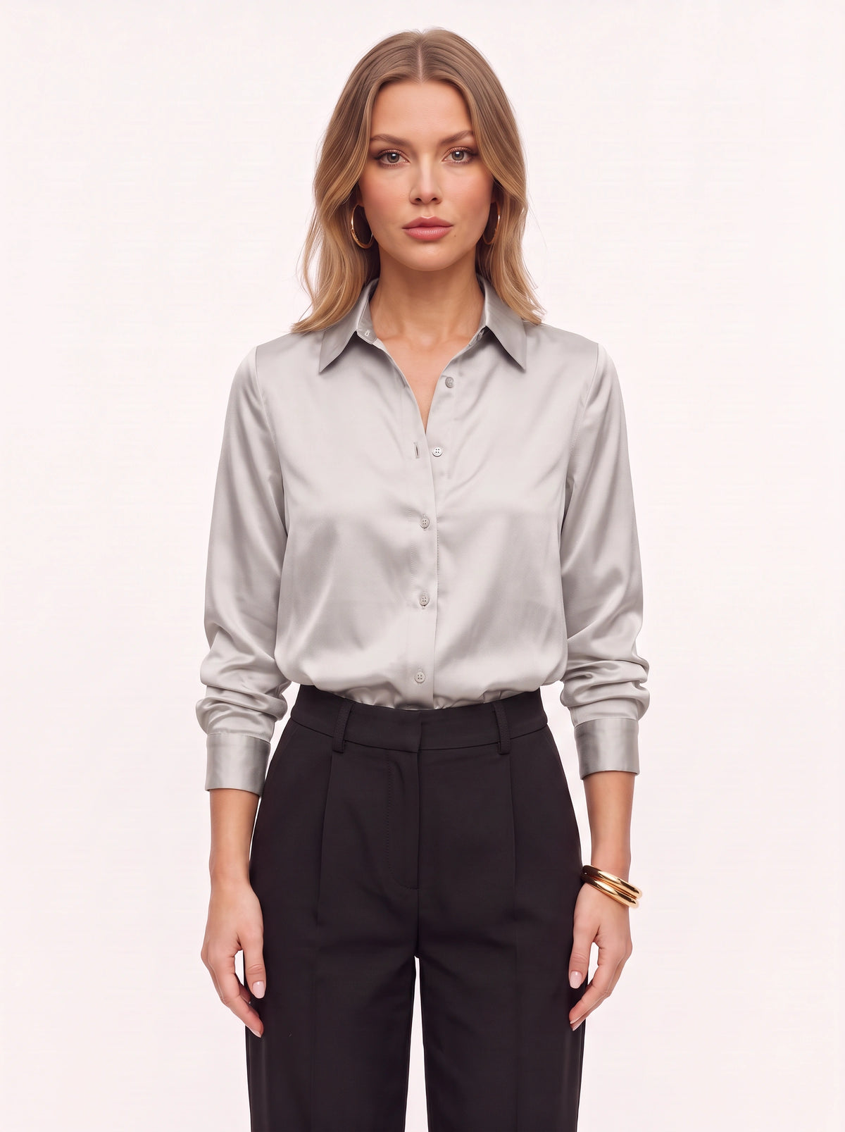Poyntra Classic Collar Shirt – Satin Blouse Women Office Work Formal Elegant Long Sleeve Shirt