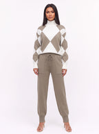 Argmon Argyle Knit Jumper Jogger Co-Ord Set – Women Loungewear Casual Ribbed Turtleneck Knitwear Set