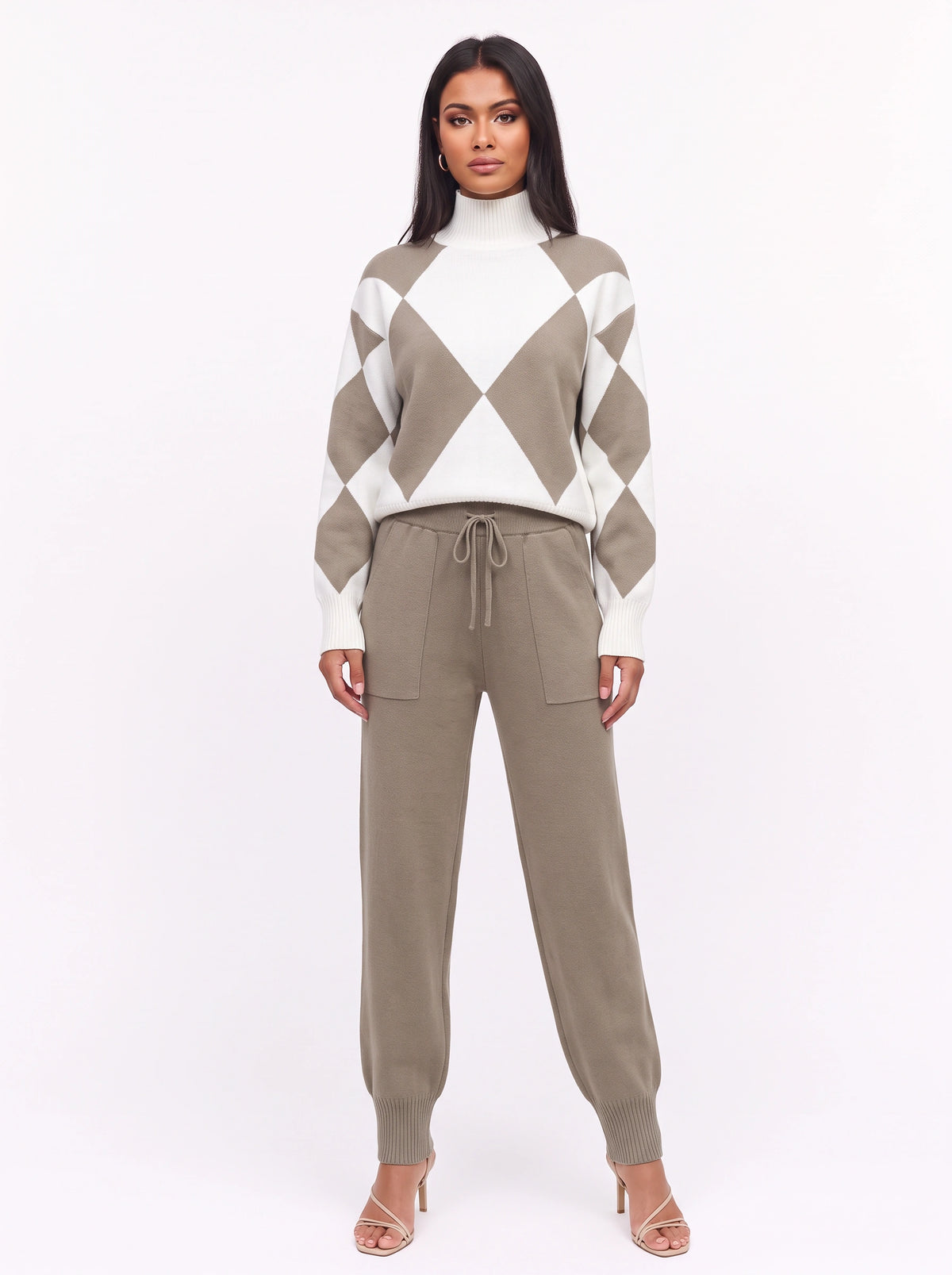 Argmon Argyle Knit Jumper Jogger Co-Ord Set – Women Loungewear Casual Ribbed Turtleneck Knitwear Set