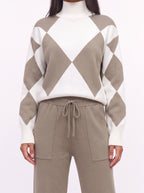 Argmon Argyle Knit Jumper Jogger Co-Ord Set – Women Loungewear Casual Ribbed Turtleneck Knitwear Set