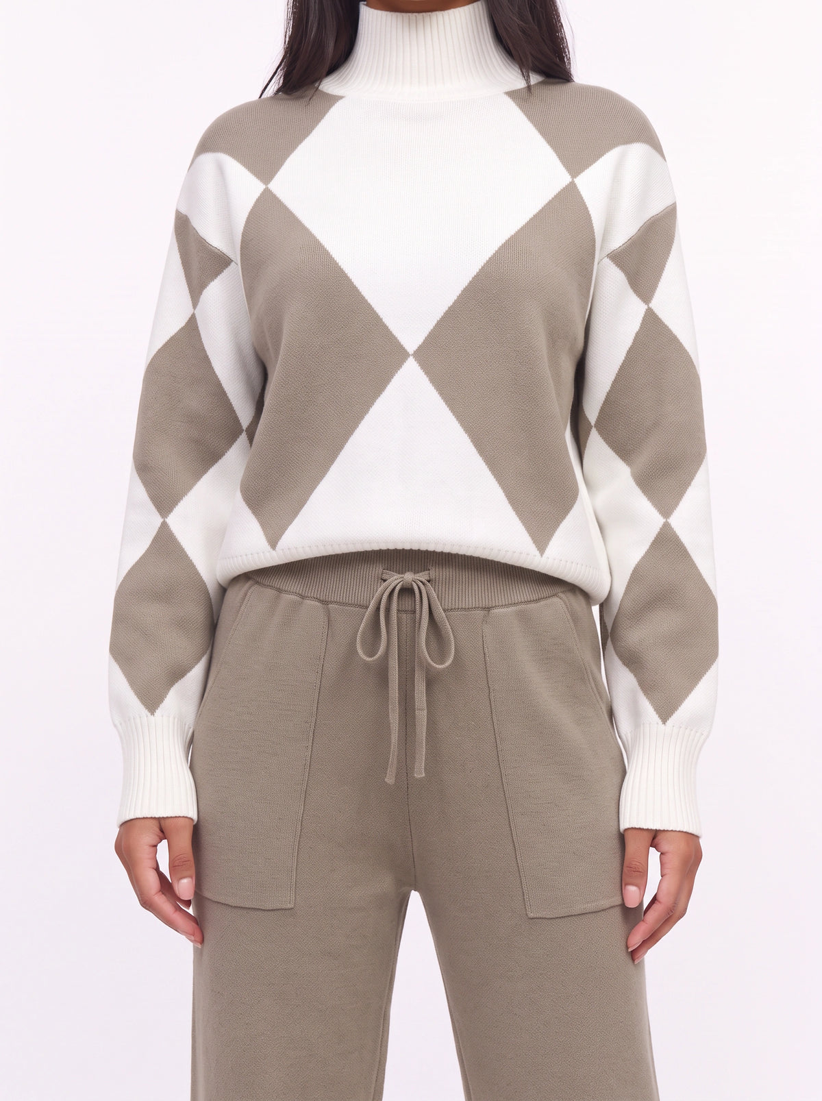 Argmon Argyle Knit Jumper Jogger Co-Ord Set – Women Loungewear Casual Ribbed Turtleneck Knitwear Set