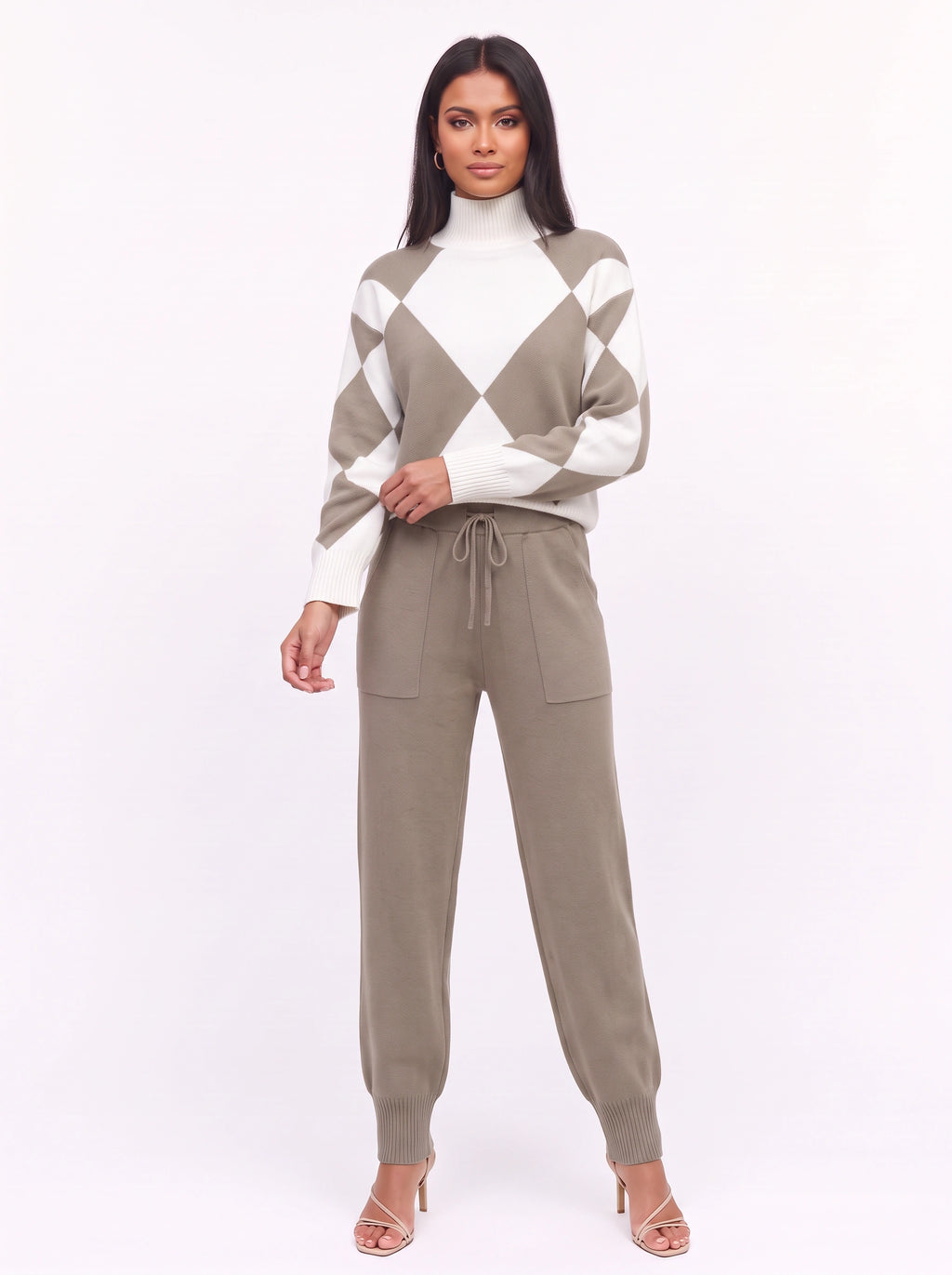 Argmon Argyle Knit Jumper Jogger Co-Ord Set – Women Loungewear Casual Ribbed Turtleneck Knitwear Set