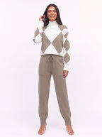 Argmon Argyle Knit Jumper Jogger Co-Ord Set – Women Loungewear Casual Ribbed Turtleneck Knitwear Set