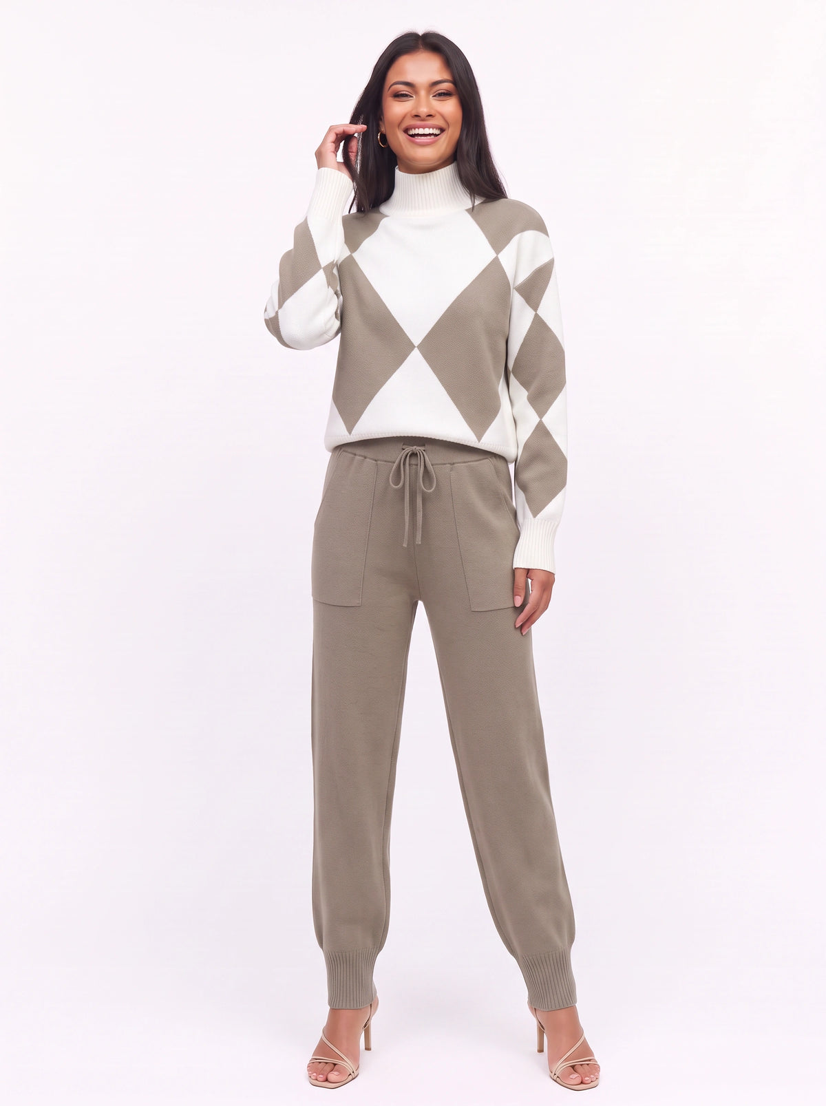 Argmon Argyle Knit Jumper Jogger Co-Ord Set – Women Loungewear Casual Ribbed Turtleneck Knitwear Set