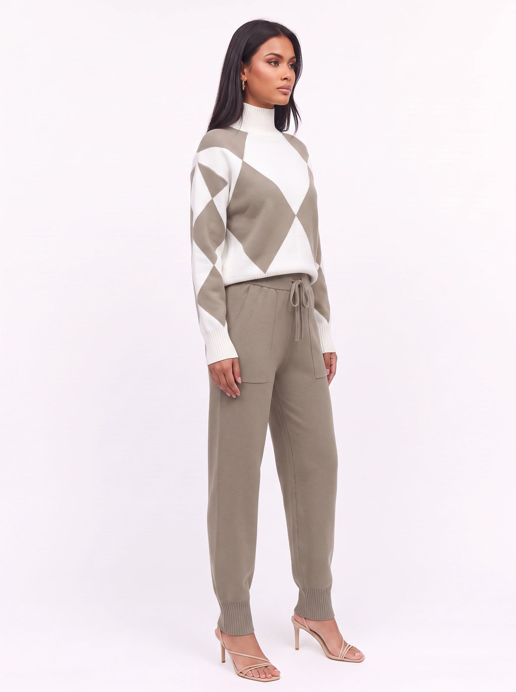 Argmon Argyle Knit Jumper Jogger Co-Ord Set – Women Loungewear Casual Ribbed Turtleneck Knitwear Set