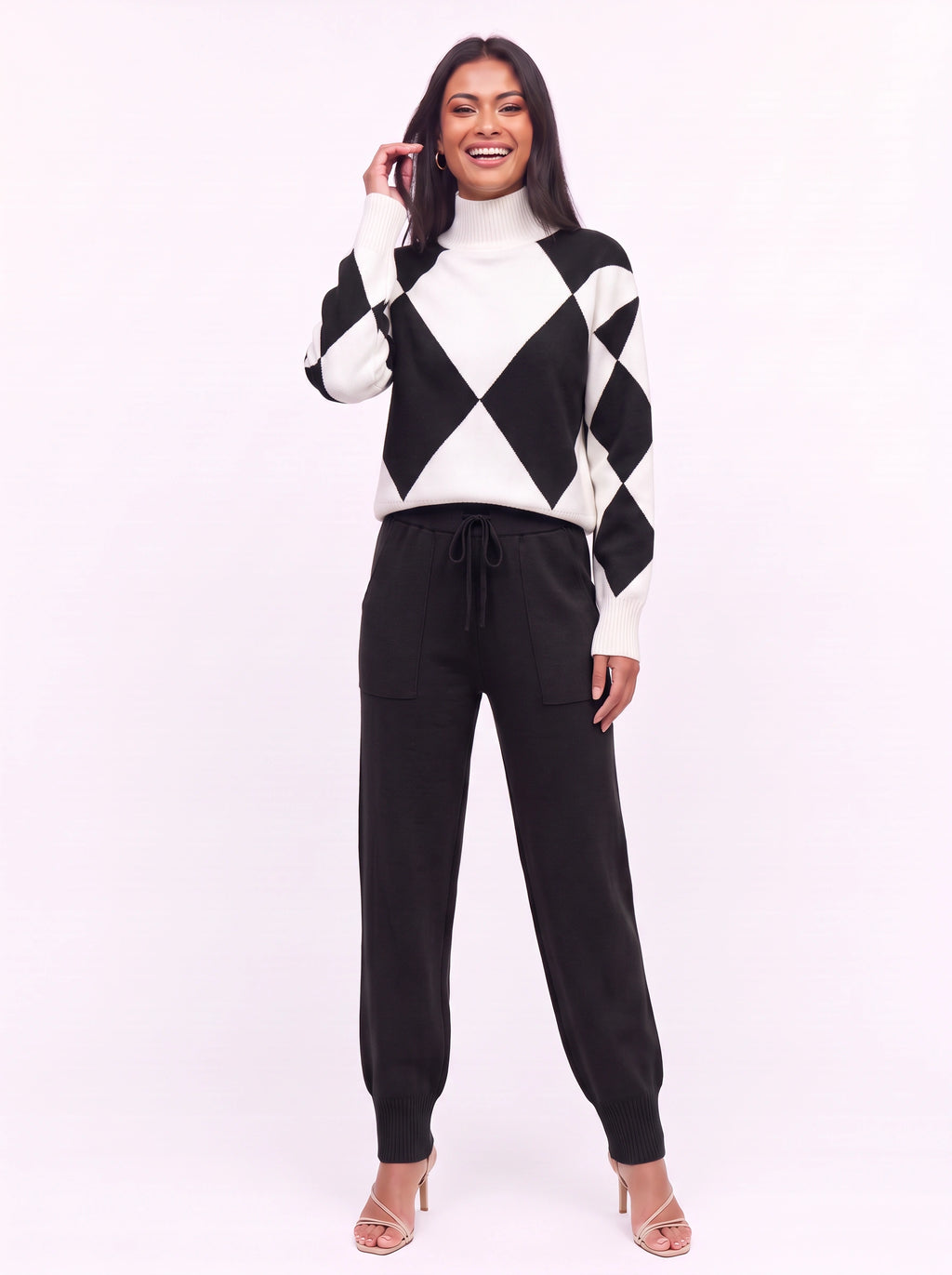 Argmon Argyle Knit Jumper Jogger Co-Ord Set – Women Loungewear Casual Ribbed Turtleneck Knitwear Set