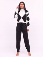 Argmon Argyle Knit Jumper Jogger Co-Ord Set – Women Loungewear Casual Ribbed Turtleneck Knitwear Set