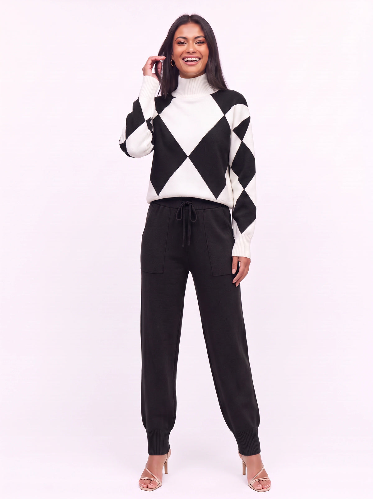 Argmon Argyle Knit Jumper Jogger Co-Ord Set – Women Loungewear Casual Ribbed Turtleneck Knitwear Set