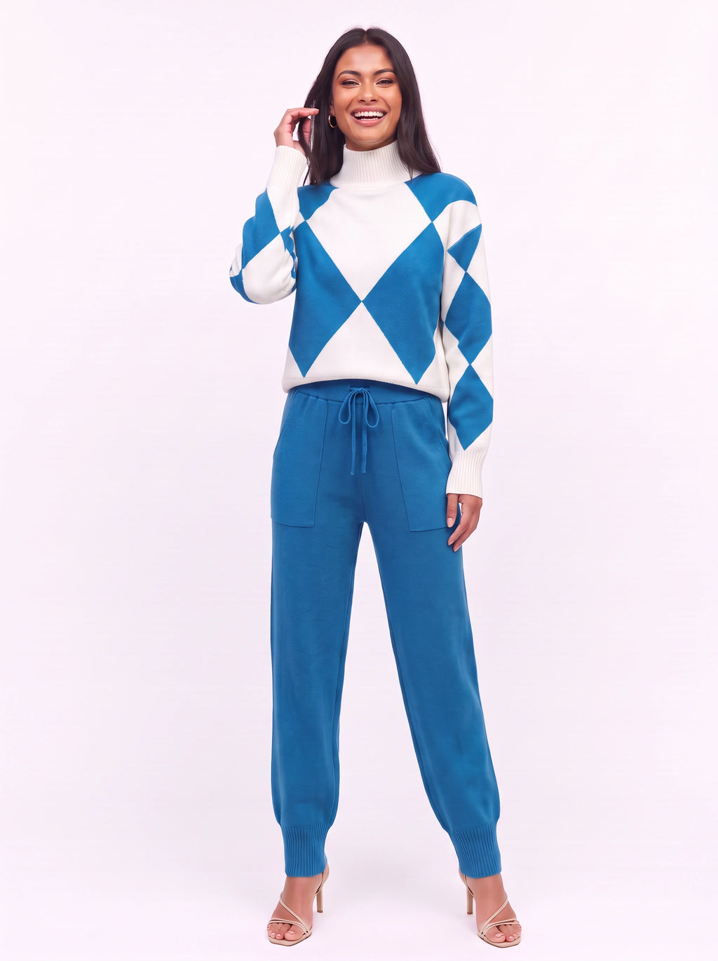 Argmon Argyle Knit Jumper Jogger Co-Ord Set – Women Loungewear Casual Ribbed Turtleneck Knitwear Set
