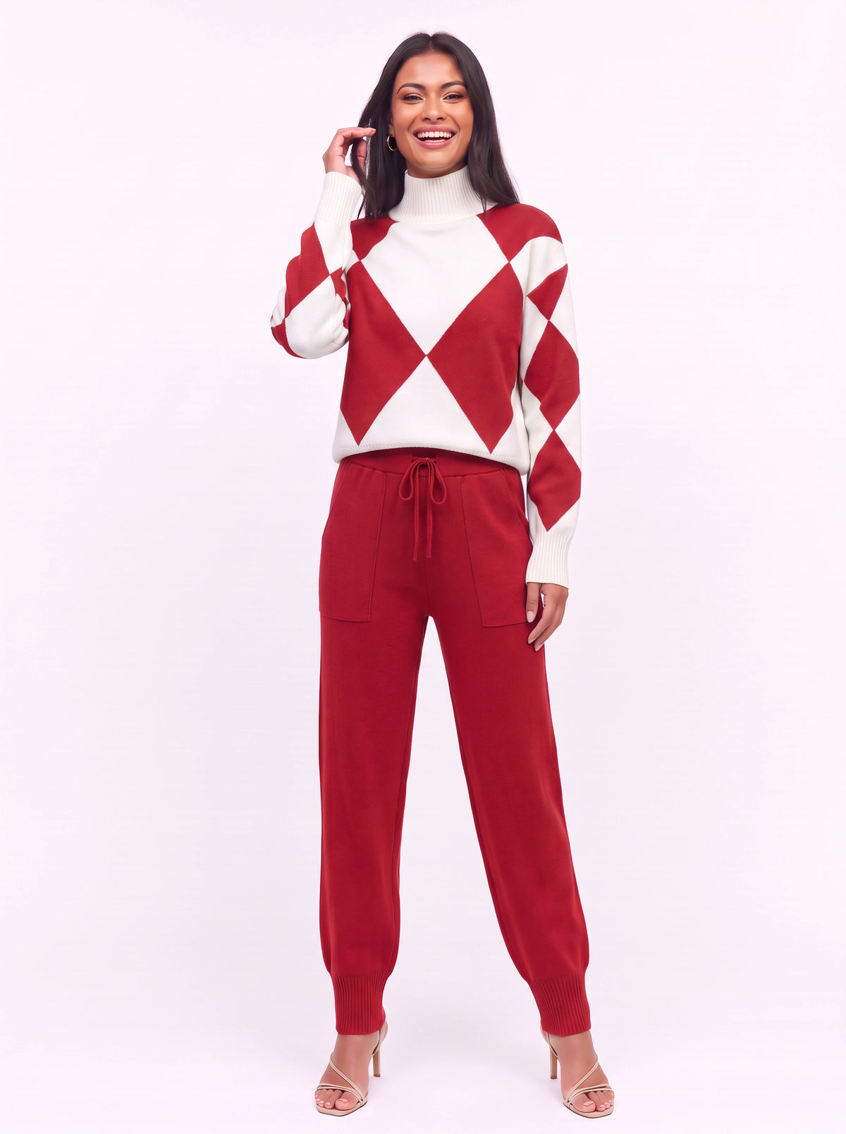 Argmon Argyle Knit Jumper Jogger Co-Ord Set – Women Loungewear Casual Ribbed Turtleneck Knitwear Set