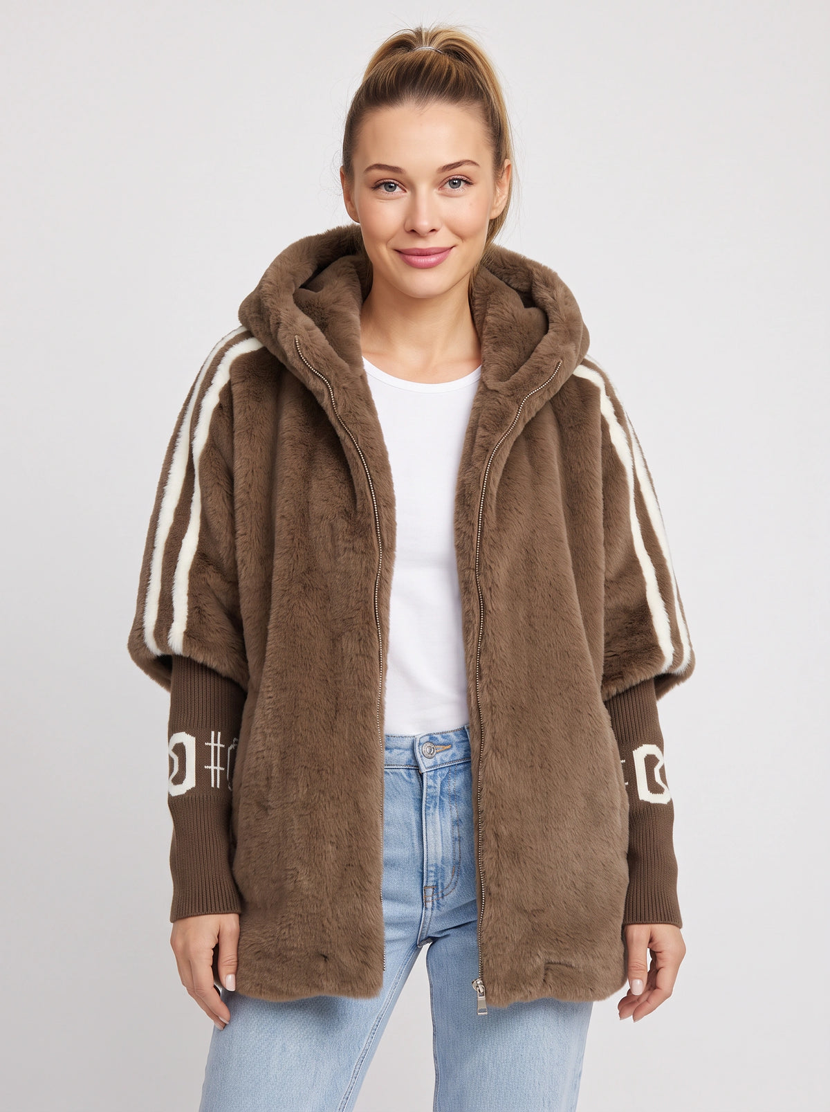 Logfyne Faux Fur Hooded Jacket – Oversized Zip-Up Women Casual Streetwear Athleisure Longline Jacket
