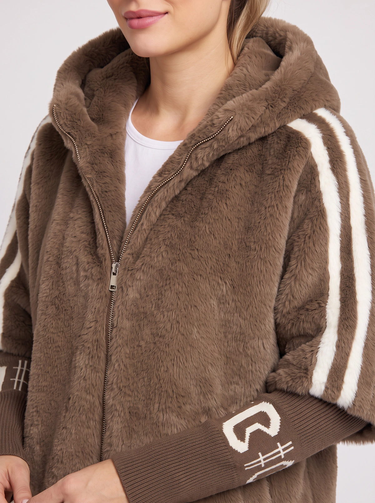 Logfyne Faux Fur Hooded Jacket – Oversized Zip-Up Women Casual Streetwear Athleisure Longline Jacket
