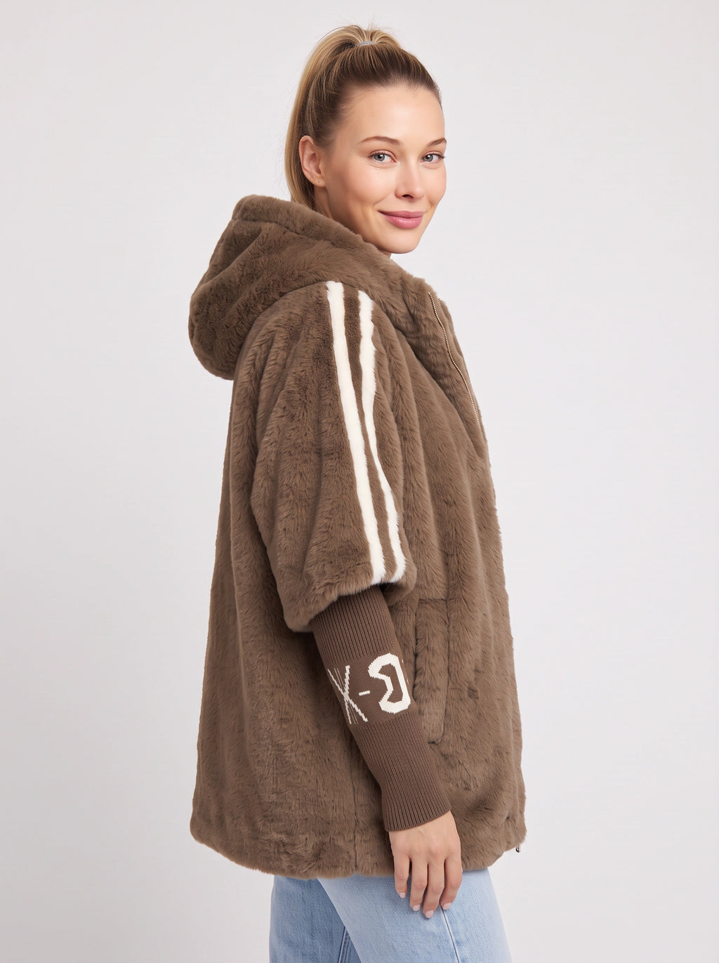 Logfyne Faux Fur Hooded Jacket – Oversized Zip-Up Women Casual Streetwear Athleisure Longline Jacket