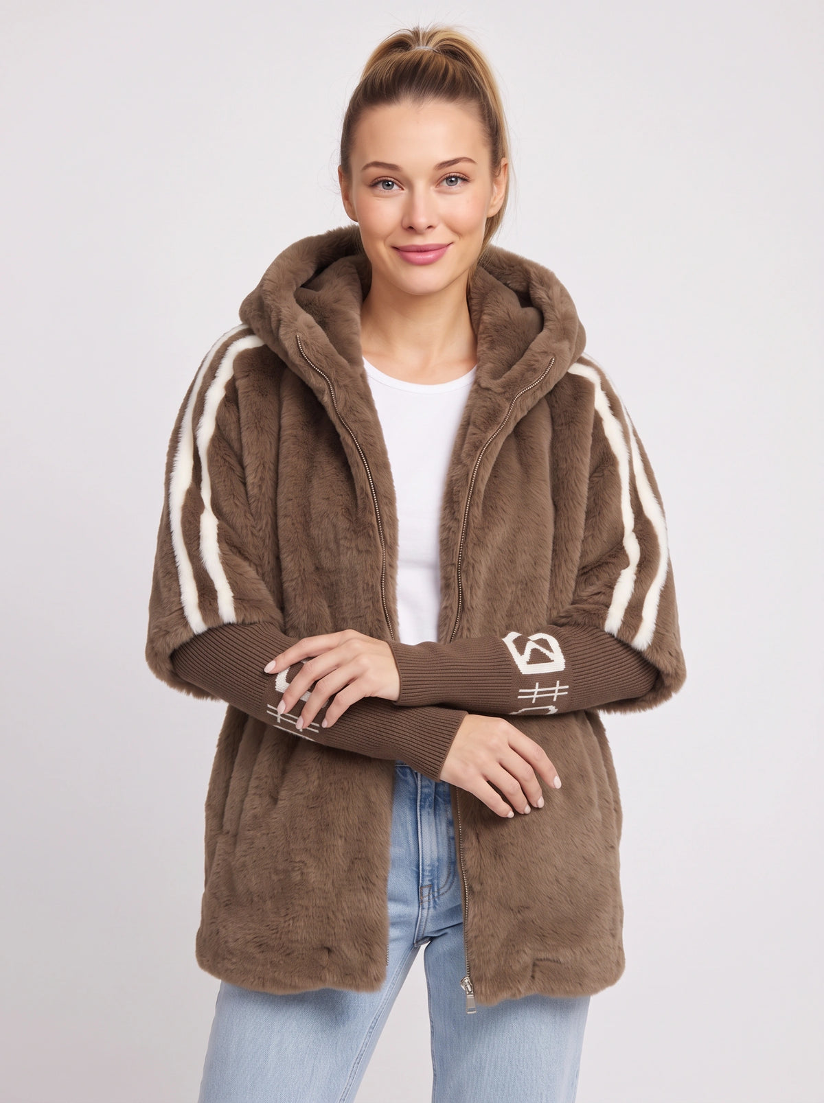 Logfyne Faux Fur Hooded Jacket – Oversized Zip-Up Women Casual Streetwear Athleisure Longline Jacket