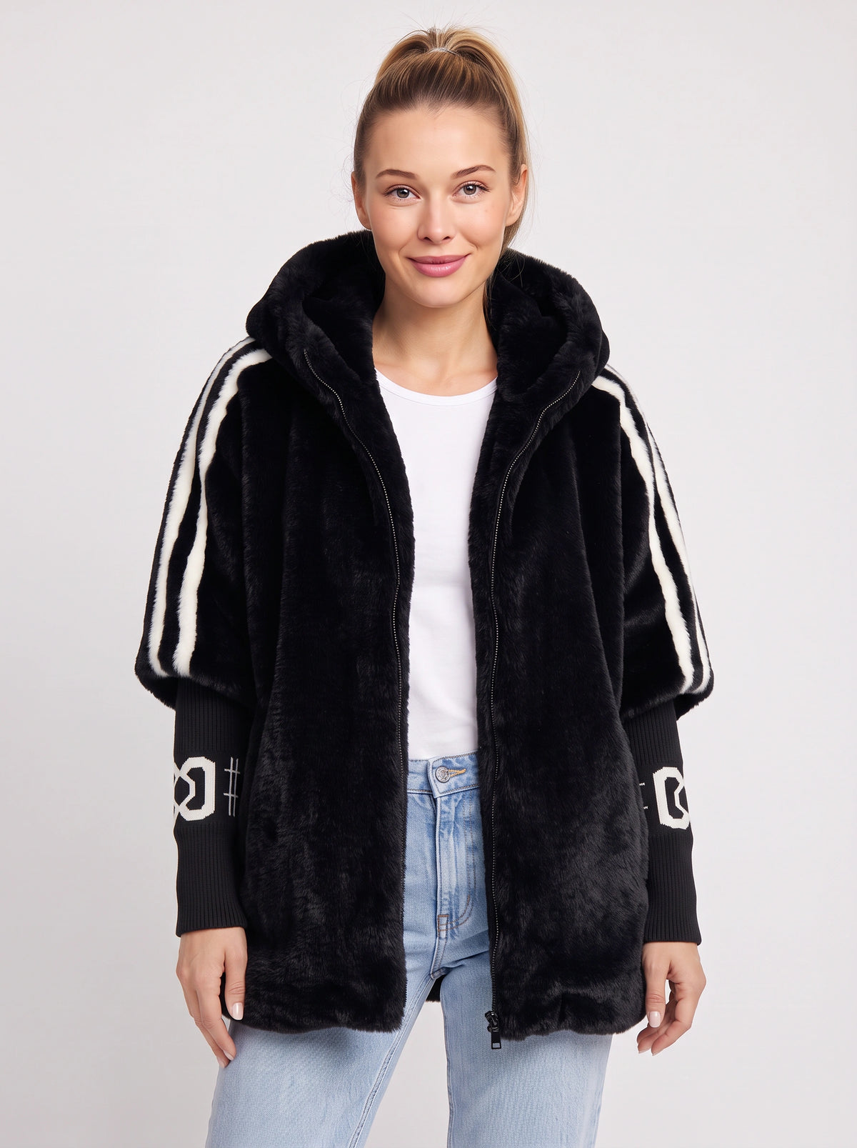 Logfyne Faux Fur Hooded Jacket – Oversized Zip-Up Women Casual Streetwear Athleisure Longline Jacket