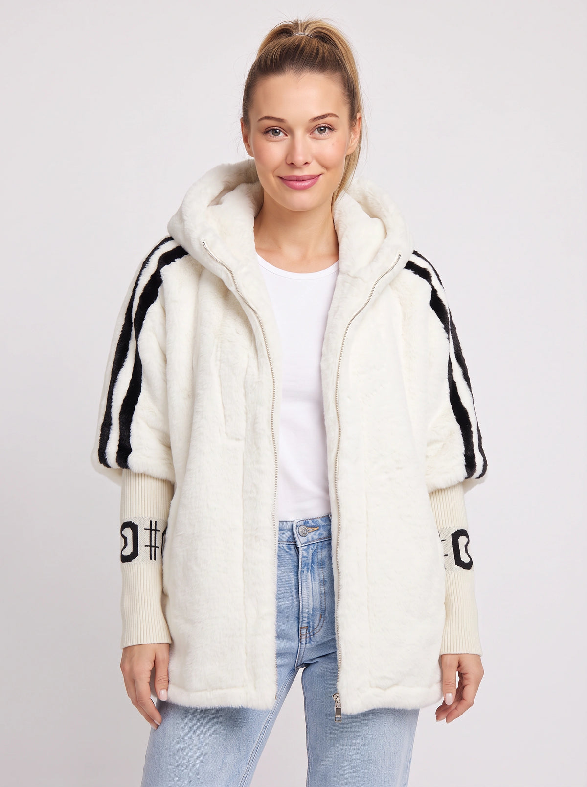 Logfyne Faux Fur Hooded Jacket – Oversized Zip-Up Women Casual Streetwear Athleisure Longline Jacket
