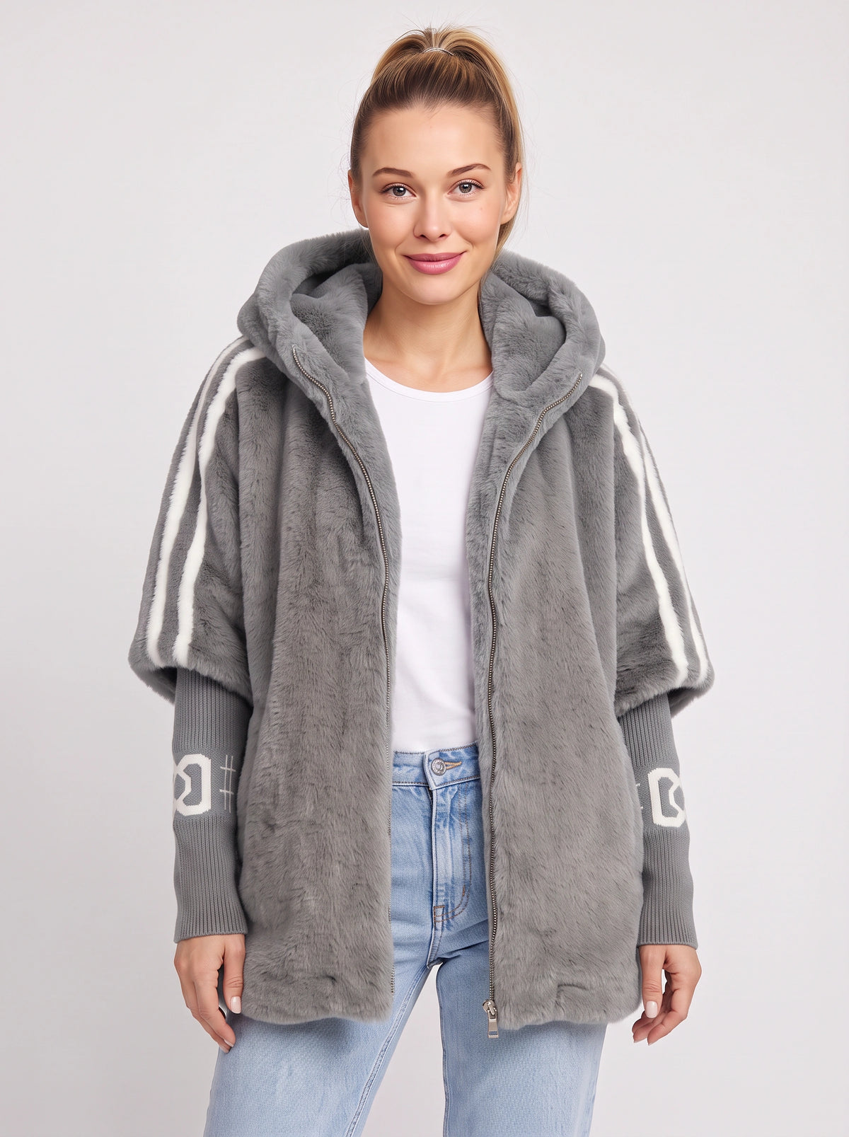 Logfyne Faux Fur Hooded Jacket – Oversized Zip-Up Women Casual Streetwear Athleisure Longline Jacket