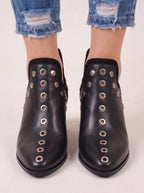 Eyrowen Grommet Ankle Boots – British Women Leather Studded Block Heel Chelsea Ankle Boots