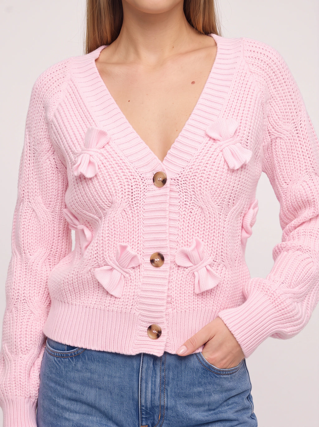Ribbowe Cable-Knit Bow Cardigan – Women Cropped V-Neck Button-Front Sweater Casual Autumn Cardigan