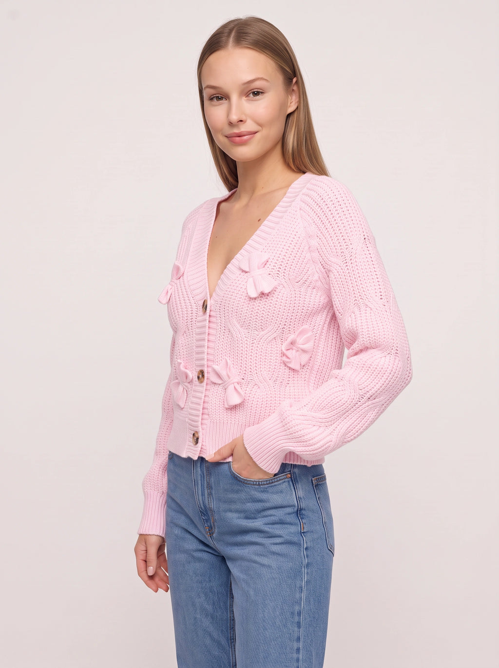 Ribbowe Cable-Knit Bow Cardigan – Women Cropped V-Neck Button-Front Sweater Casual Autumn Cardigan