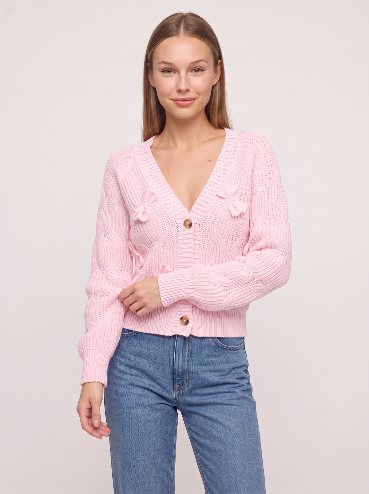 Ribbowe Cable-Knit Bow Cardigan – Women Cropped V-Neck Button-Front Sweater Casual Autumn Cardigan
