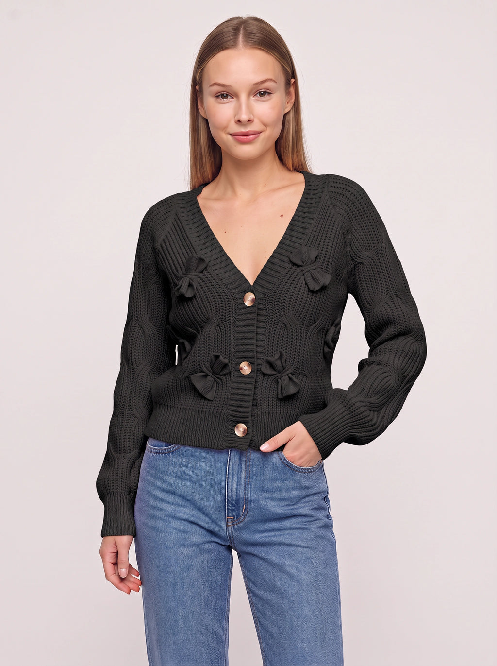 Ribbowe Cable-Knit Bow Cardigan – Women Cropped V-Neck Button-Front Sweater Casual Autumn Cardigan