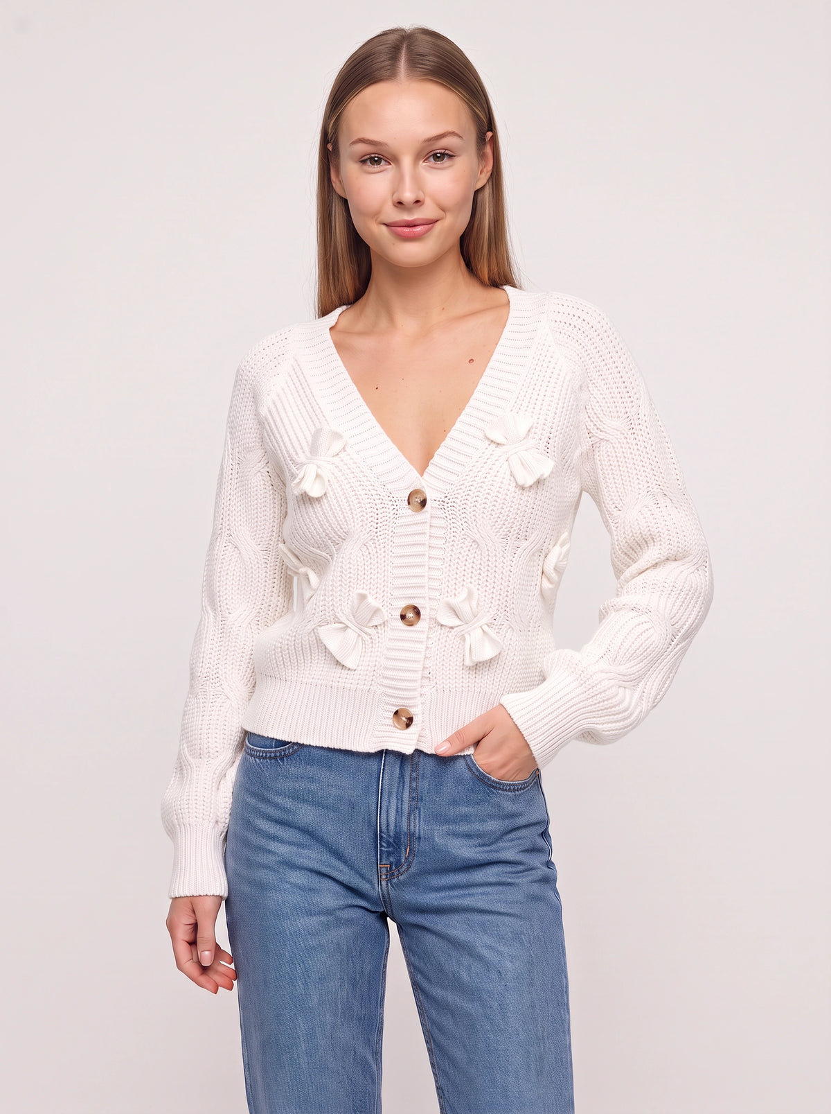 Ribbowe Cable-Knit Bow Cardigan – Women Cropped V-Neck Button-Front Sweater Casual Autumn Cardigan