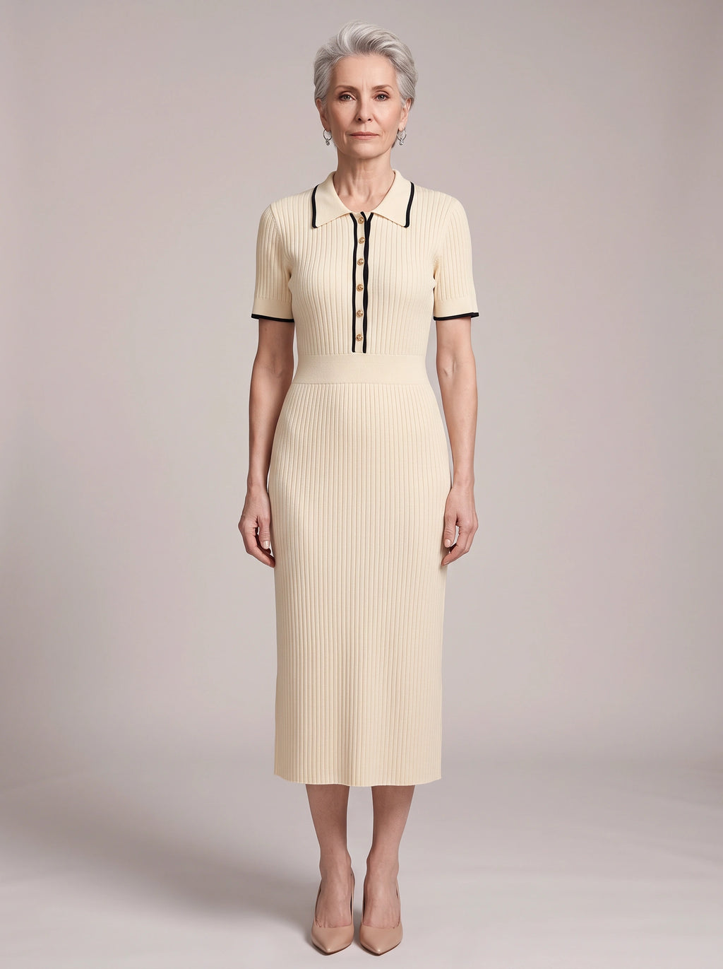 Pipenne Ribbed Collar Midi Dress – Knit Midi Dress Women Vintage Office Work Winter Smart Casual