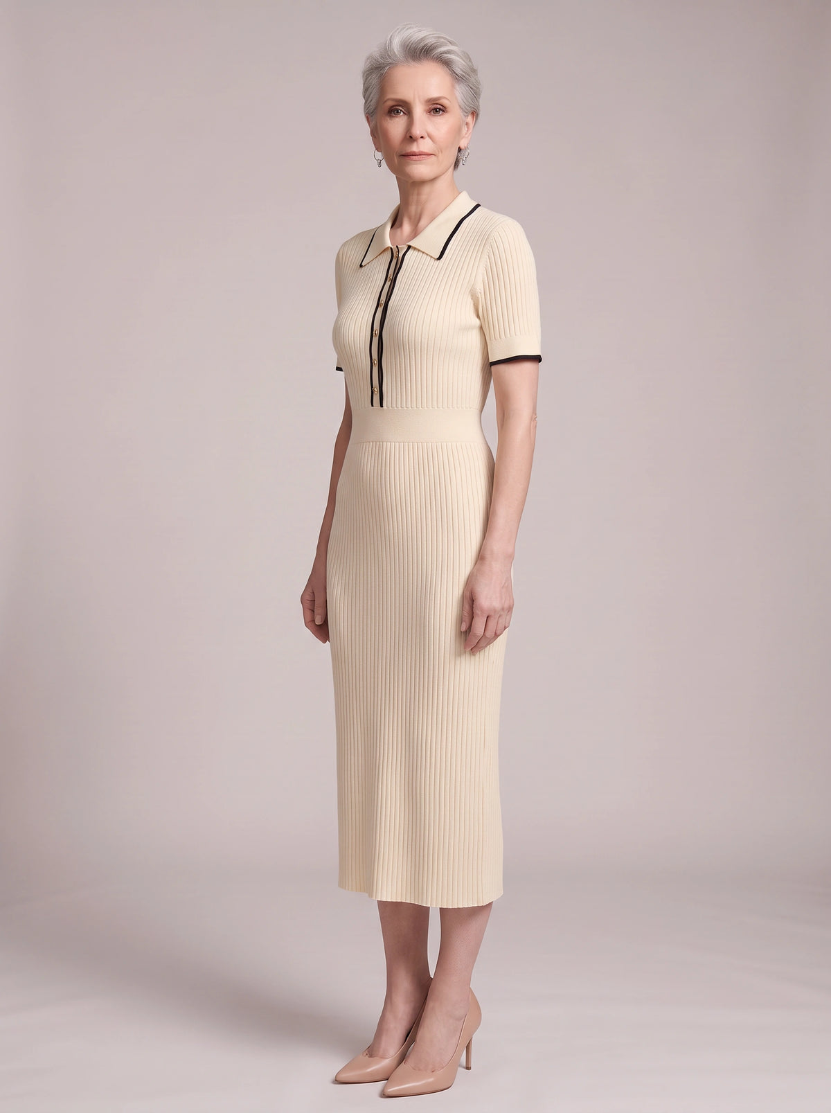 Pipenne Ribbed Collar Midi Dress – Knit Midi Dress Women Vintage Office Work Winter Smart Casual