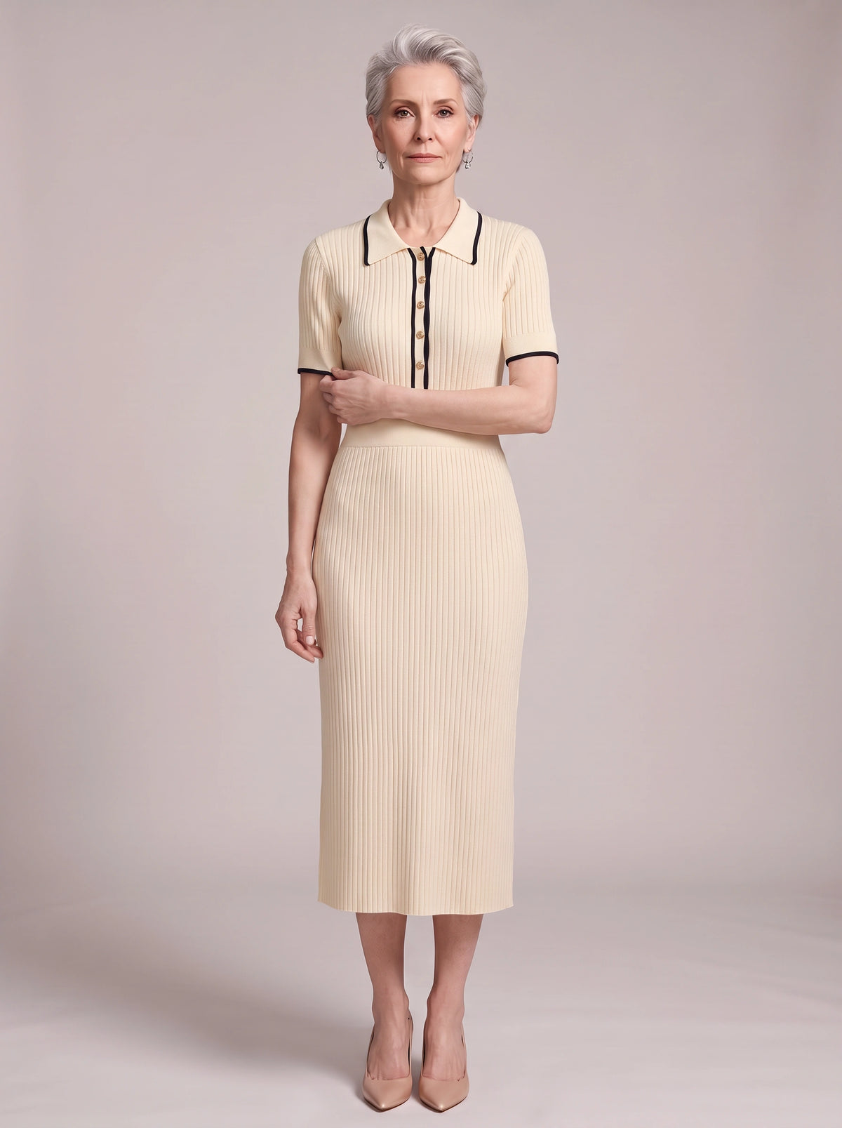 Pipenne Ribbed Collar Midi Dress – Knit Midi Dress Women Vintage Office Work Winter Smart Casual