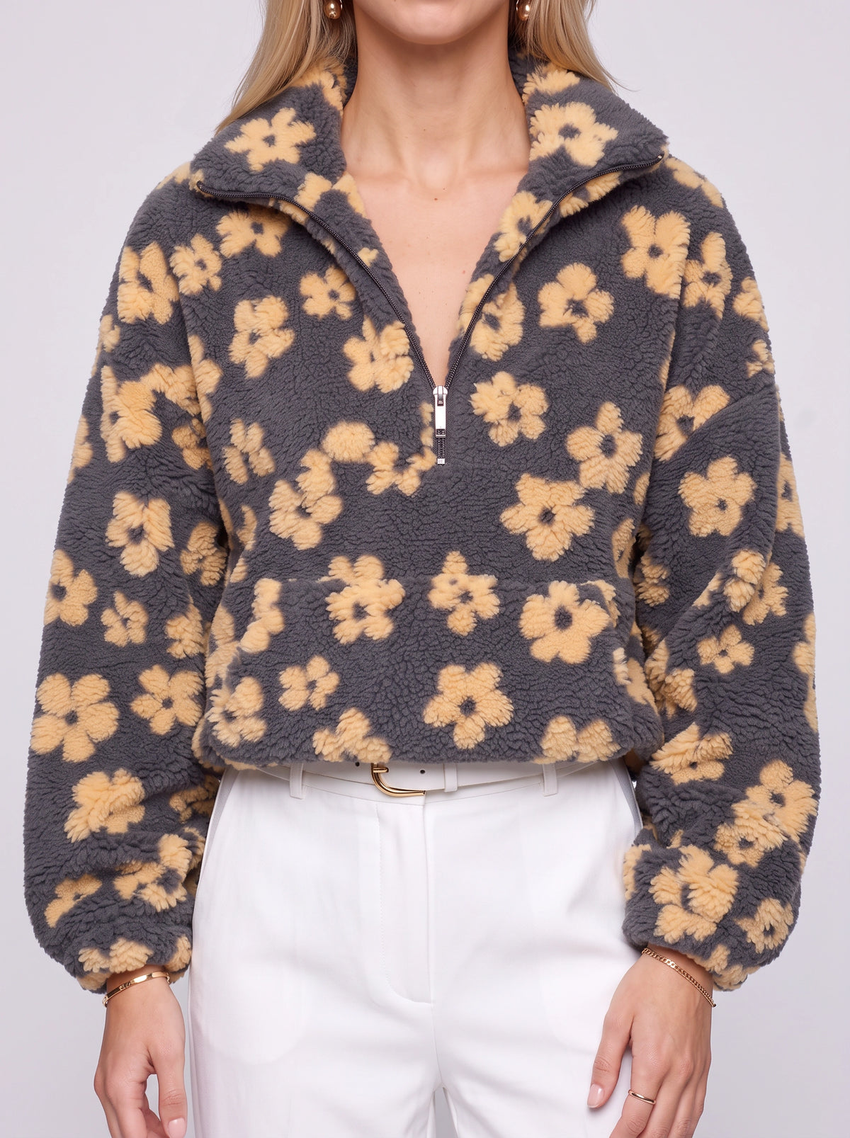Dimblume Fleece Half-Zip Top – Floral Teddy Fleece Women Oversized Crop Jumper Fall Casual Lounge Top