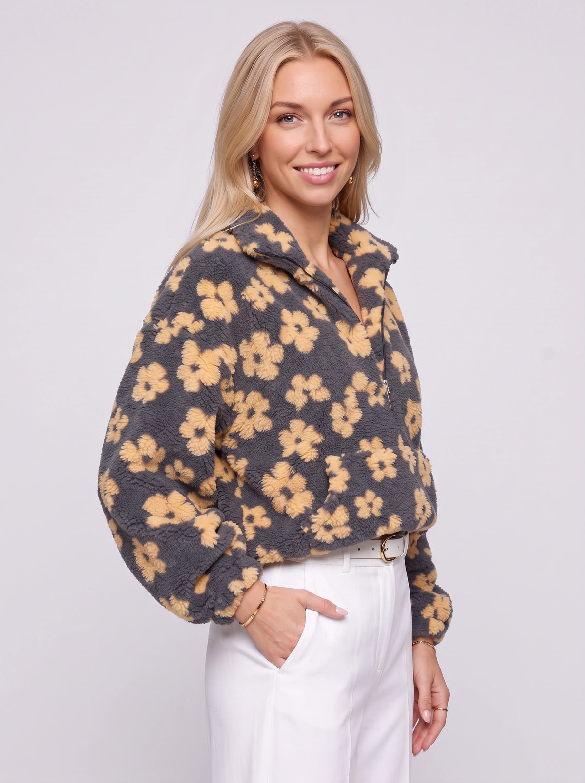 Dimblume Fleece Half-Zip Top – Floral Teddy Fleece Women Oversized Crop Jumper Fall Casual Lounge Top