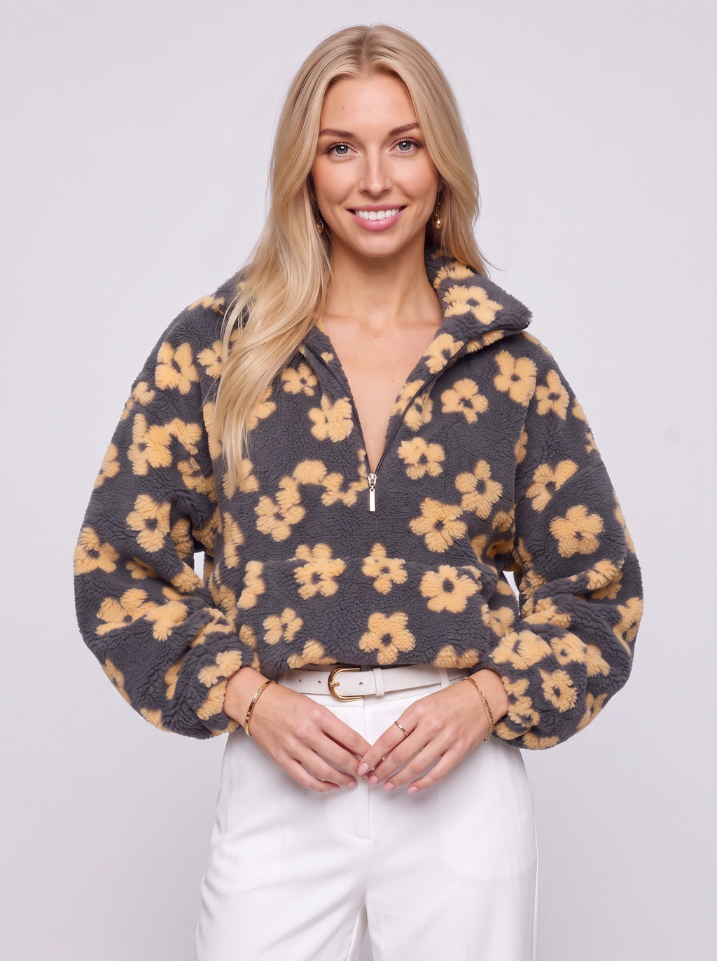 Dimblume Fleece Half-Zip Top – Floral Teddy Fleece Women Oversized Crop Jumper Fall Casual Lounge Top