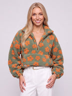 Dimblume Fleece Half-Zip Top – Floral Teddy Fleece Women Oversized Crop Jumper Fall Casual Lounge Top