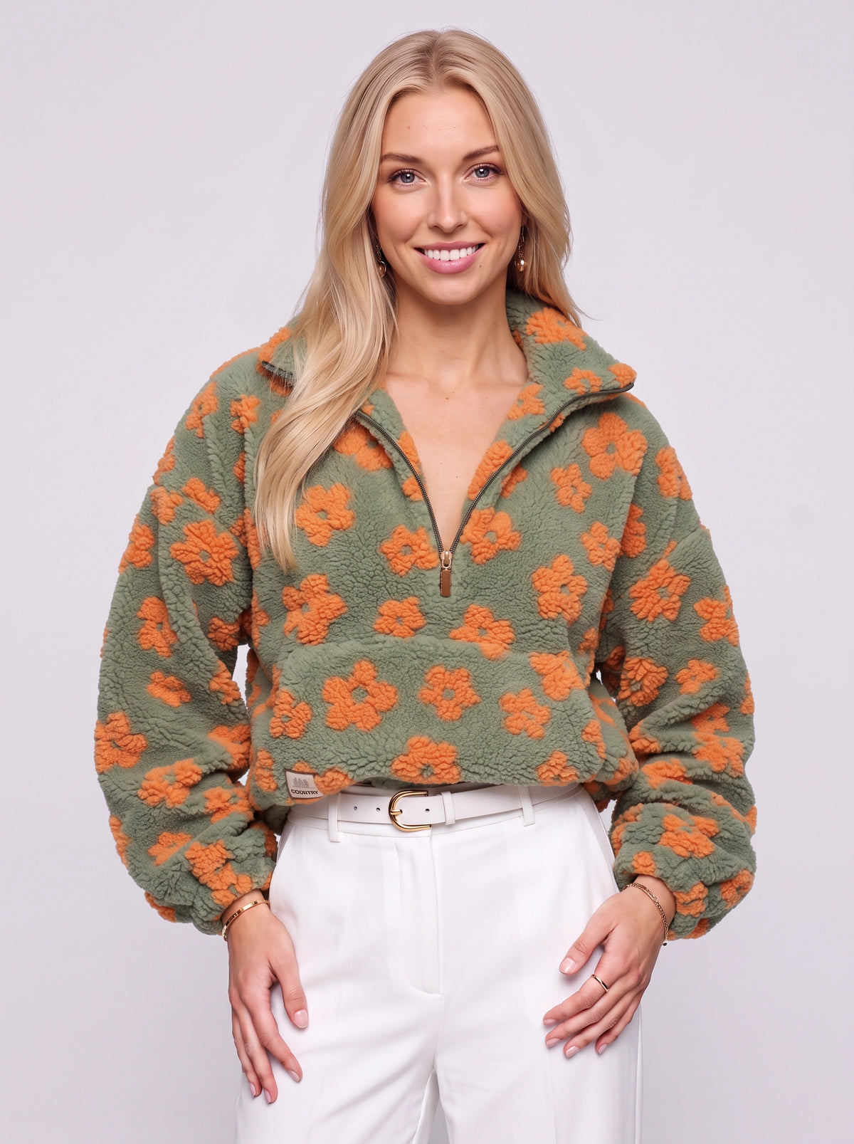 Dimblume Fleece Half-Zip Top – Floral Teddy Fleece Women Oversized Crop Jumper Fall Casual Lounge Top