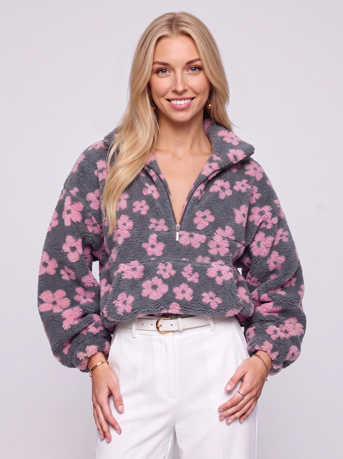 Dimblume Fleece Half-Zip Top – Floral Teddy Fleece Women Oversized Crop Jumper Fall Casual Lounge Top