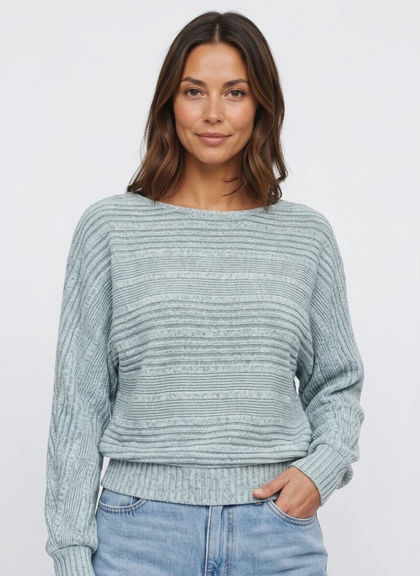 Batrae Ribbed Knit Batwing Jumper – Oversized Crew Neck Rib Sweater Women Casual Autumn Loungewear
