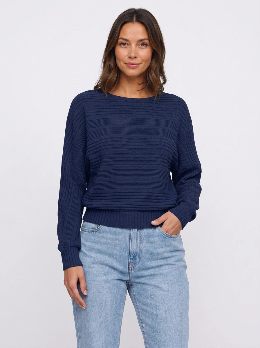 Batrae Ribbed Knit Batwing Jumper – Oversized Crew Neck Rib Sweater Women Casual Autumn Loungewear