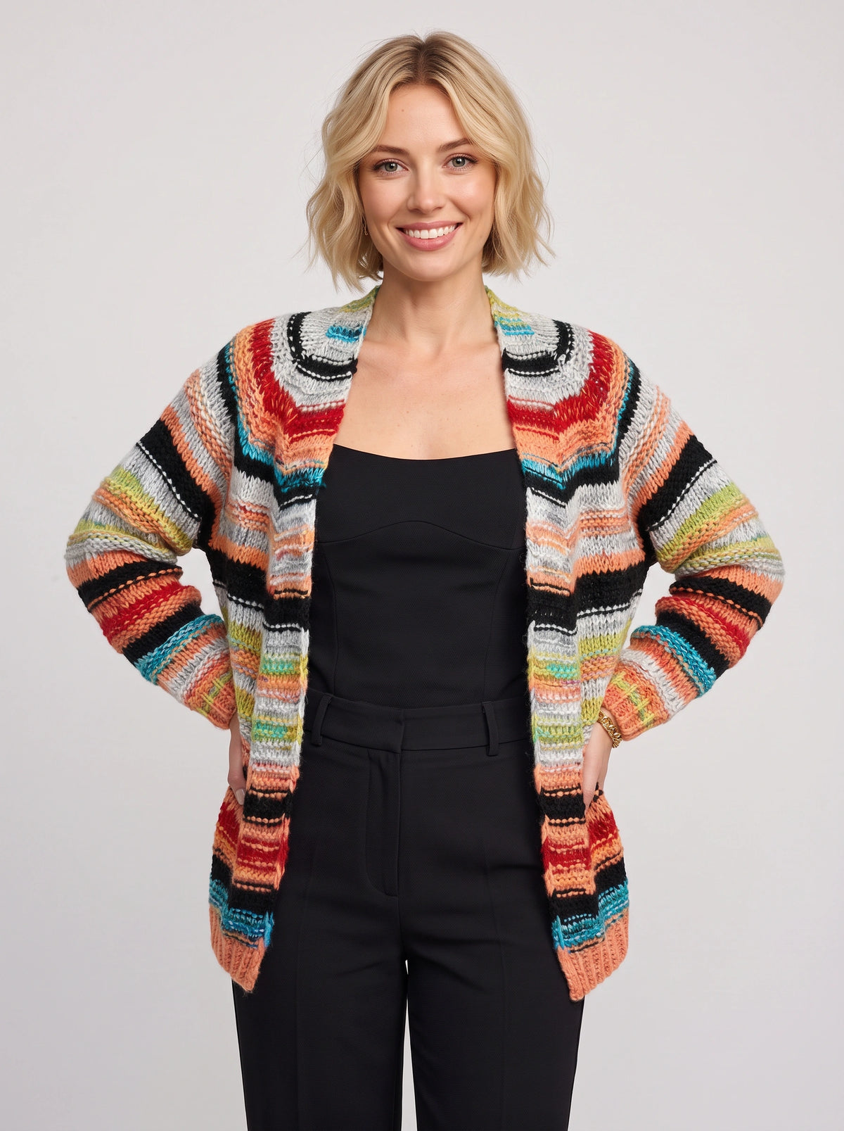 Croweva Open-Front Longline Cardigan – Striped Crochet Knit Women Oversized Fall Layering Cardigan