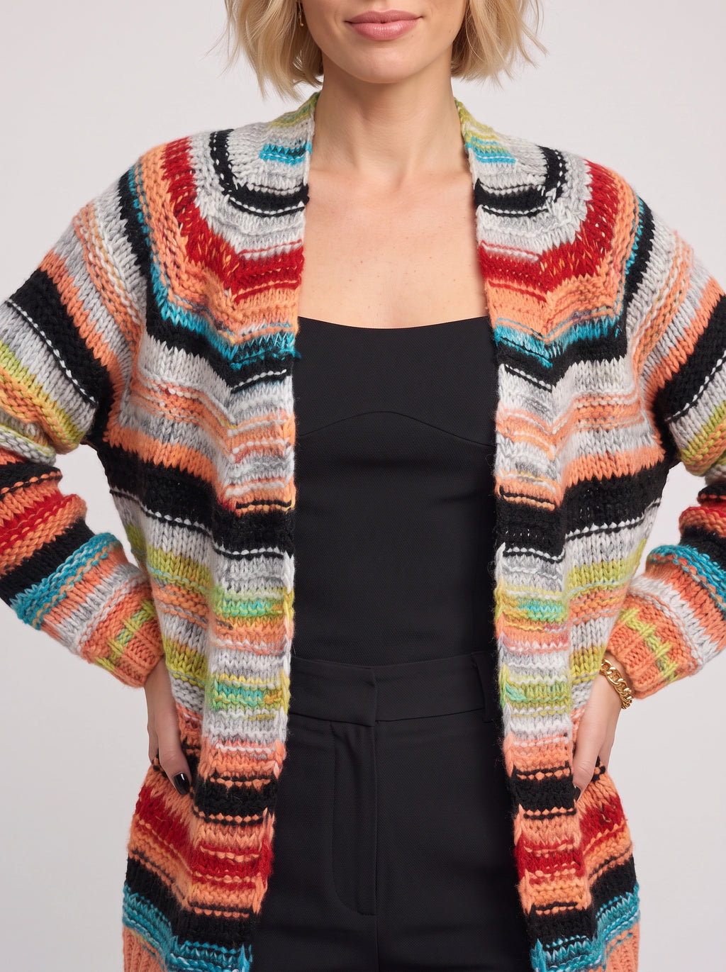Croweva Open-Front Longline Cardigan – Striped Crochet Knit Women Oversized Fall Layering Cardigan