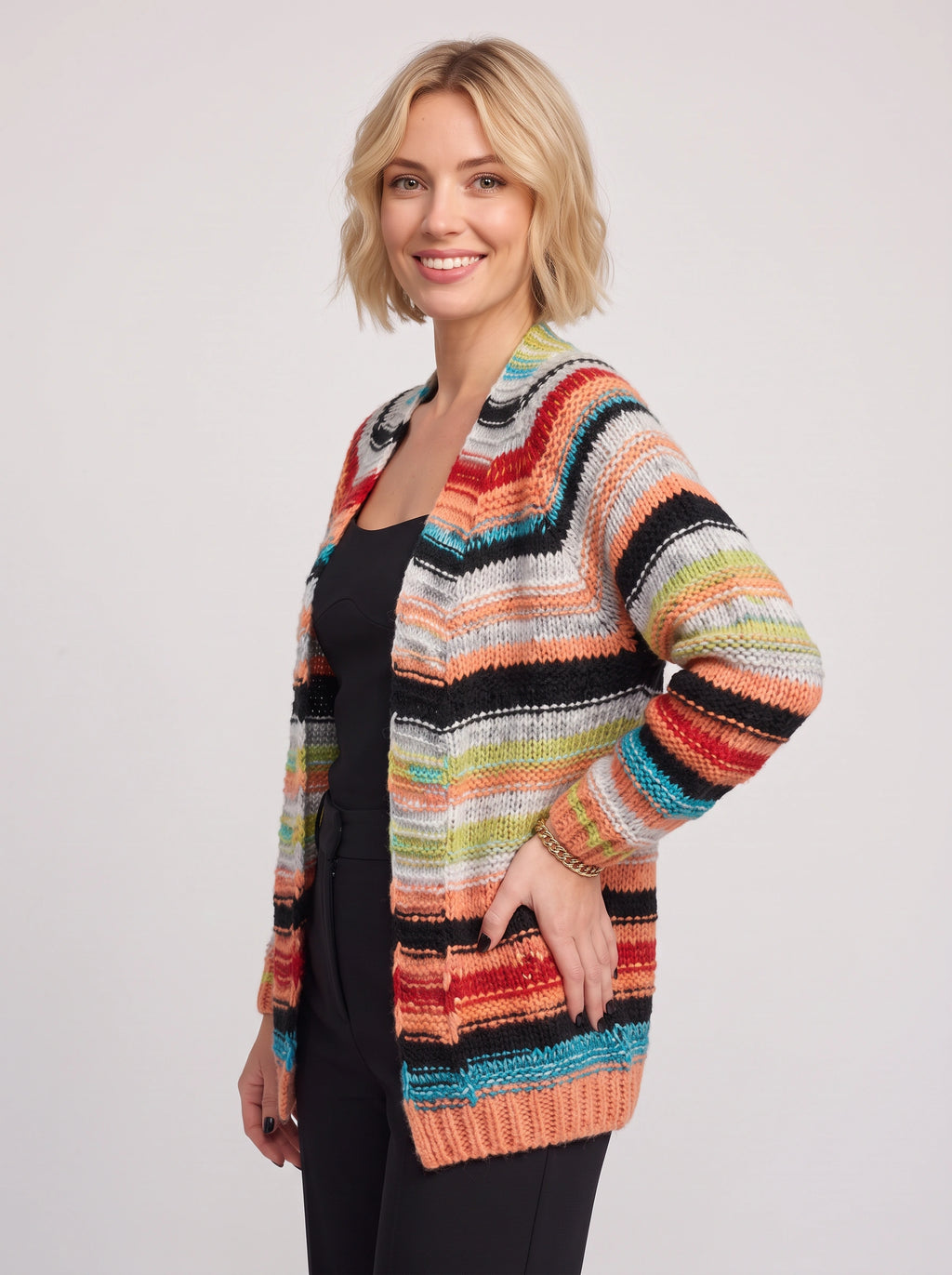 Croweva Open-Front Longline Cardigan – Striped Crochet Knit Women Oversized Fall Layering Cardigan