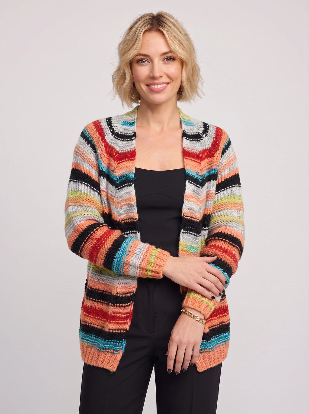 Croweva Open-Front Longline Cardigan – Striped Crochet Knit Women Oversized Fall Layering Cardigan