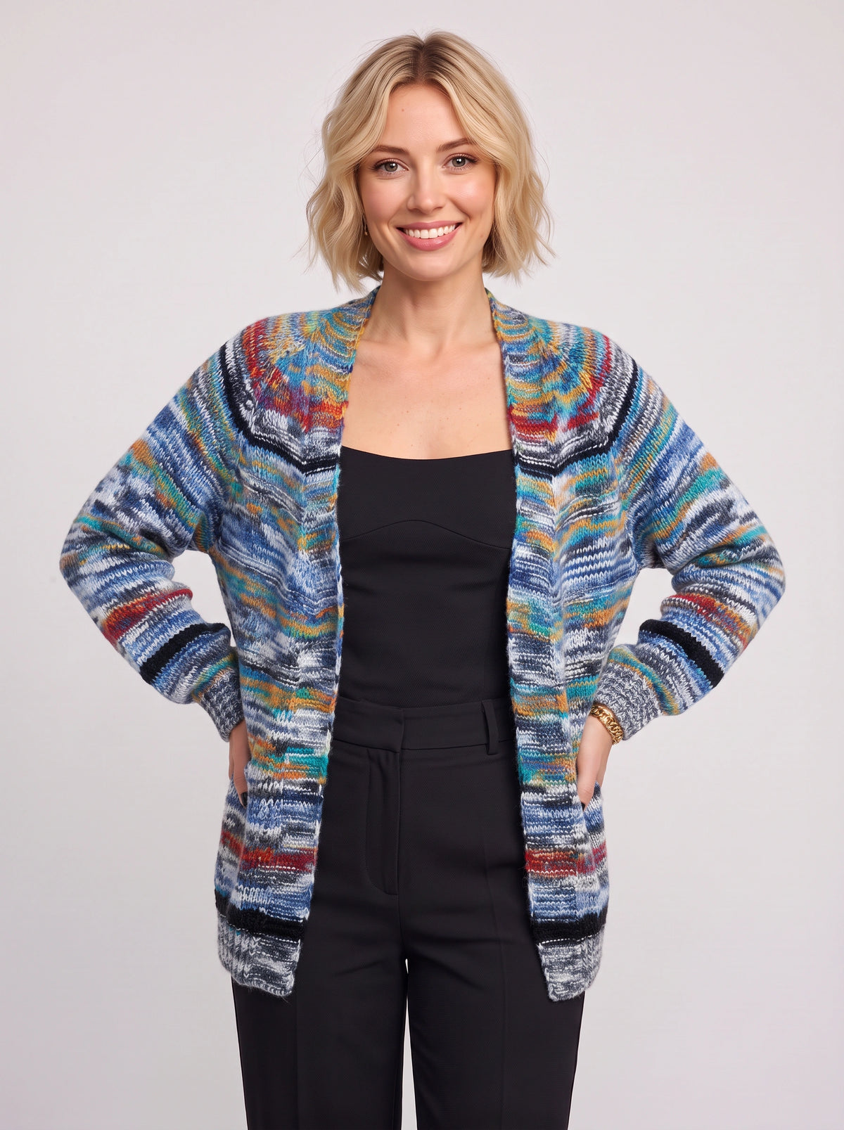Croweva Open-Front Longline Cardigan – Striped Crochet Knit Women Oversized Fall Layering Cardigan