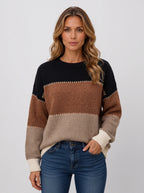 Ziggora Striped Crew Neck Jumper – Women Colour Block Knit Sweater Casual Autumn Oversized Pullover