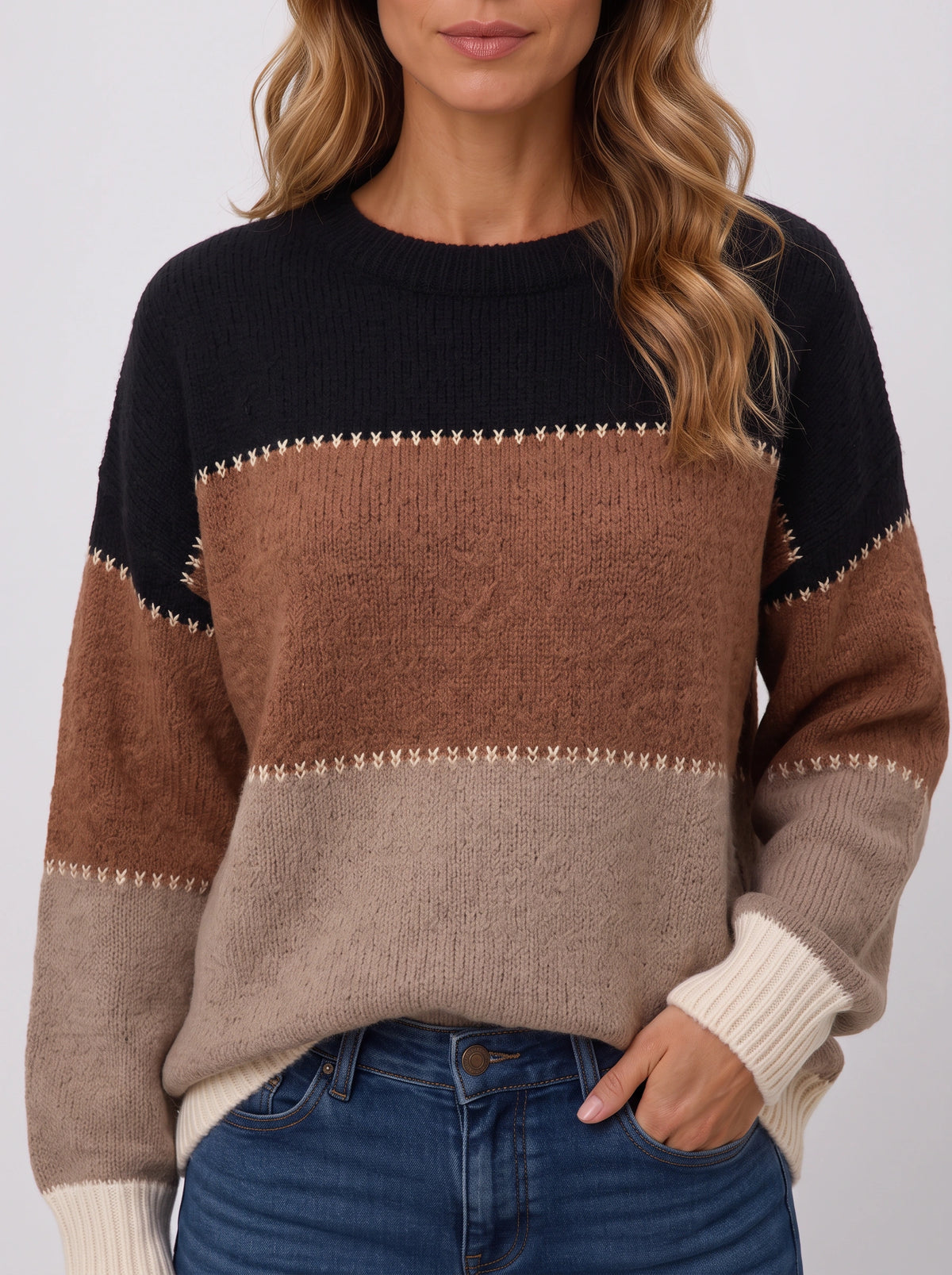 Ziggora Striped Crew Neck Jumper – Women Colour Block Knit Sweater Casual Autumn Oversized Pullover