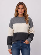Ziggora Striped Crew Neck Jumper – Women Colour Block Knit Sweater Casual Autumn Oversized Pullover
