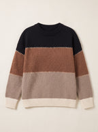 Ziggora Striped Crew Neck Jumper – Women Colour Block Knit Sweater Casual Autumn Oversized Pullover