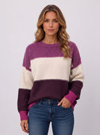 Ziggora Striped Crew Neck Jumper – Women Colour Block Knit Sweater Casual Autumn Oversized Pullover