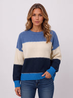 Ziggora Striped Crew Neck Jumper – Women Colour Block Knit Sweater Casual Autumn Oversized Pullover